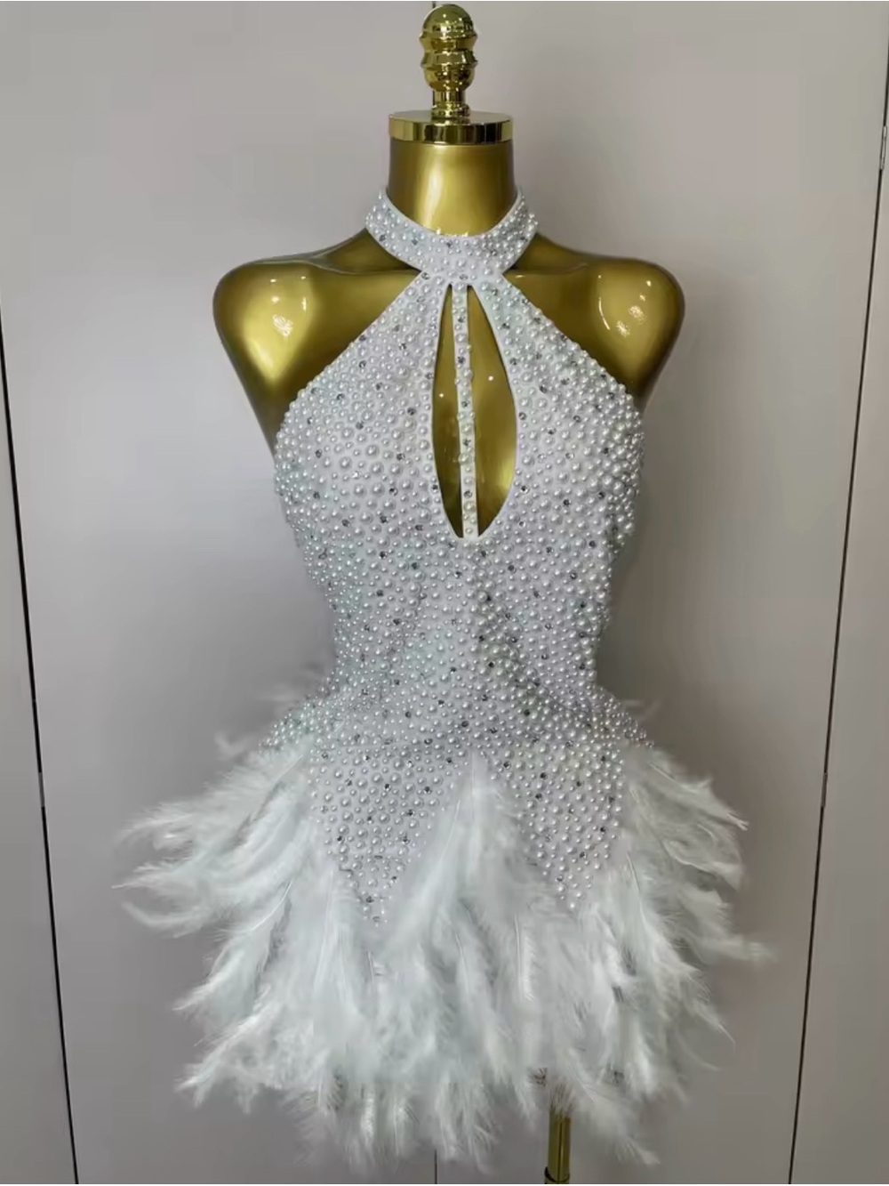 Pearl-Embellished White Feather Halter Dress
